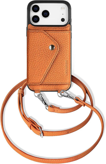 LUCKYCOIN for iPhone 17 Pro Max Crossbody Wallet Case – Genuine Leather Phone Purse with Adjustable Strap and Card Holder,Lanyard Phone Purse Case for Women,Pebble Grain Brown