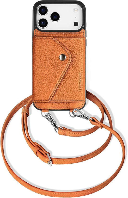 LUCKYCOIN for iPhone 17 Pro Max Crossbody Wallet Case – Genuine Leather Phone Purse with Adjustable Strap and Card Holder,Lanyard Phone Purse Case for Women,Pebble Grain Brown