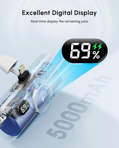 Small Blue Portable Charger for iPhone Power Bank with USB Type C Cable 5000mAh 15W Fast Charging Mini External Battery Pack for iPhone 14/13/12/16/15 Pro Max/Cellphones/Tablets Power Charger