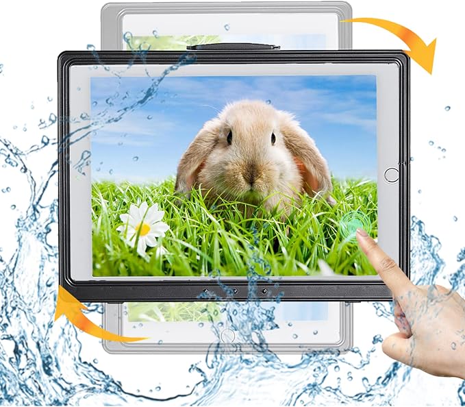 Shower Tablet Holder Waterproof Compatible with Ipad, Wall Mounted Bathroom Tablet Case Rotation, Adhesive Touchable Cradle with Glass Mirror Anti-Fog Screen for Kitchen 11 inches Black