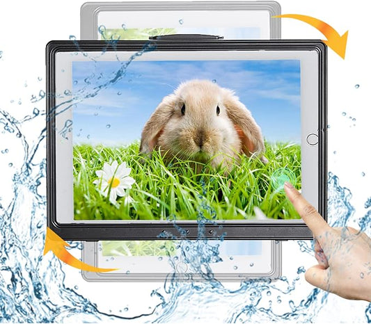 Shower Tablet Holder Waterproof Compatible with Ipad, Wall Mounted Bathroom Tablet Case Rotation, Adhesive Touchable Cradle with Glass Mirror Anti-Fog Screen for Kitchen 11 inches Black