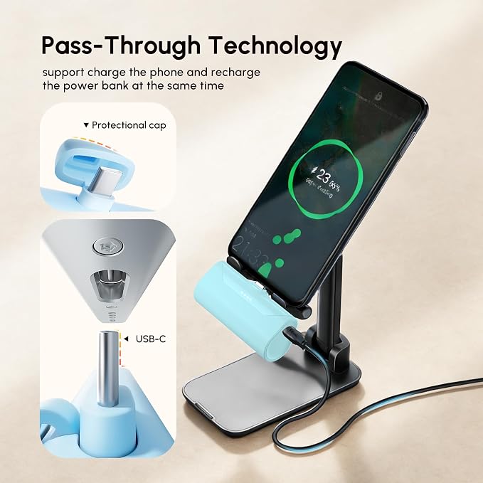 Mini Blue USB C Power Bank,4800mAh USB-C Portable Charger for iPhone 17 Pro Max, Little Backup External Type-c Battery Charger for iPhone 16e,USB Type C Battery Pack for Android Smartphones/Tablets
