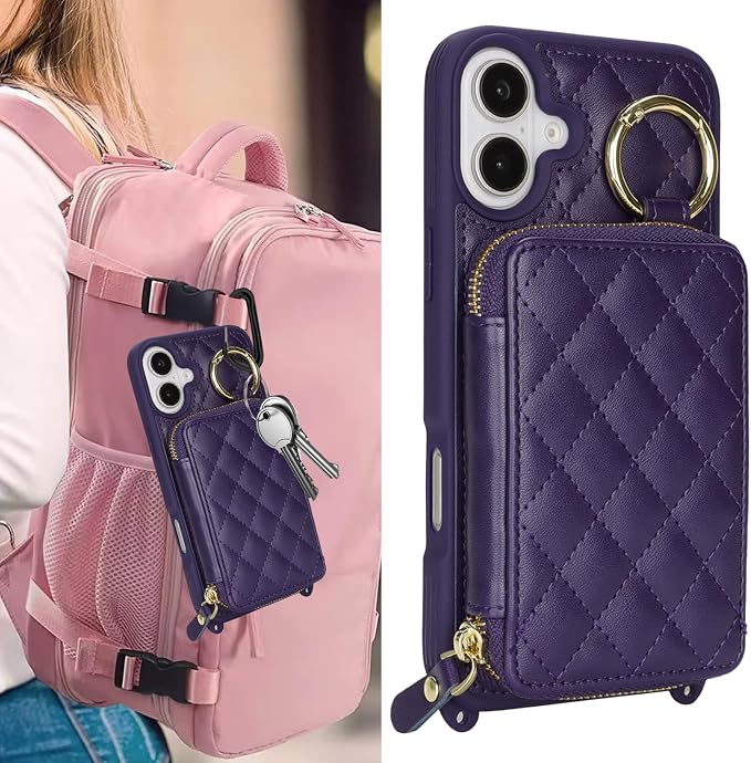 Crossbody Wallet Case for iPhone 17, PU Leather Zipper Handbag Purse Flip Cover, Kickstand Folio Case with Card Slots Holder Wrist Strap Lanyard 5G 6.3 Inch-Purple
