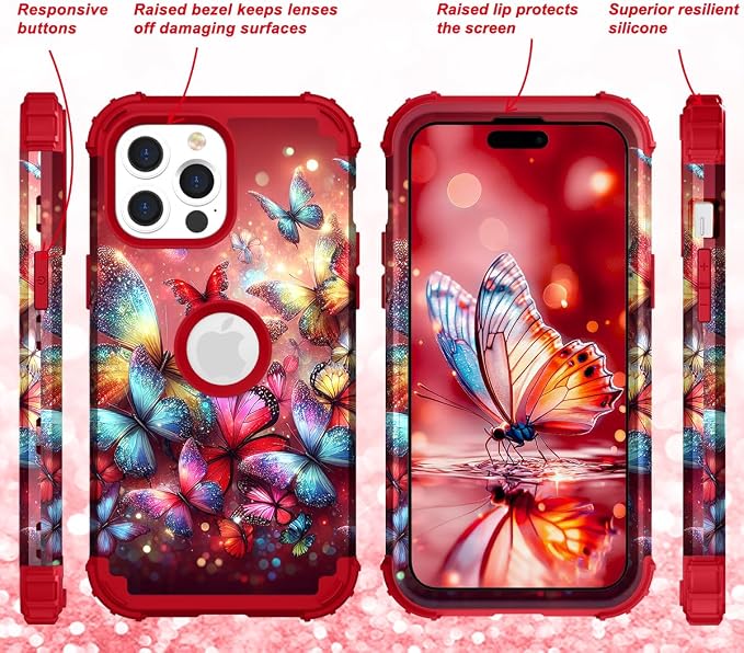 Hocase for iPhone 15 Pro Case, Heavy Duty Shockproof Protection Soft Silicone Rubber Bumper+Hard Plastic Hybrid Protective Case for iPhone 15 Pro 6.1" 2023 - Shimmering Butterflies in Red