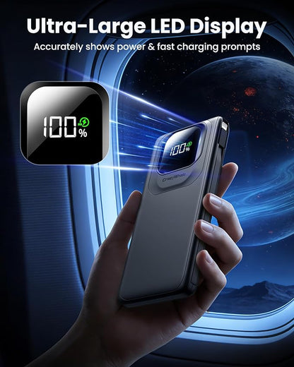 Portable Charger Power Bank with Built-in Cables Fast Charging | 22.5W Type C 10000mAh Phone Charger, Travel Battery Pack Slim Battery Bank with LED Display for iPhone, Android & USB C