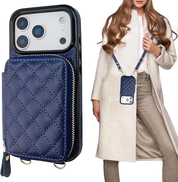 Bocasal Crossbody Wallet Case for iPhone 17 Pro, RFID Blocking PU Leather Zipper Handbag Purse Flip Cover, Kickstand Folio Case with Card Slots Holder Wrist Strap Lanyard 5G 6.3 Inch (Dark Blue)