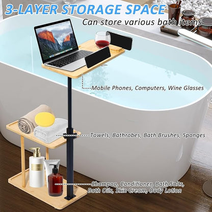 3 Layer Bath Tub Tray Table Liftable Freestanding Bamboo Bath Tray Caddy for Tub Against Wall Shelf Bathroom Organizer Shelf for Luxury Spa (Square)
