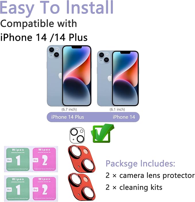 2 Pack Camera Lens Protector for iPhone 14/14 Plus,[Not Easy to Breakn ] AR Tempered Glass Strong Adsorption Metal Camera Cover Screen-Red
