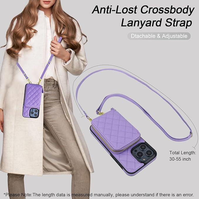 Bocasal Crossbody Wallet Case for iPhone 14 Pro Max, RFID Blocking PU Leather Zipper Handbag Purse Flip Cover, Kickstand Folio Case with Card Slots Holder Wrist Strap Lanyard 5G 6.7 Inch (Purple)
