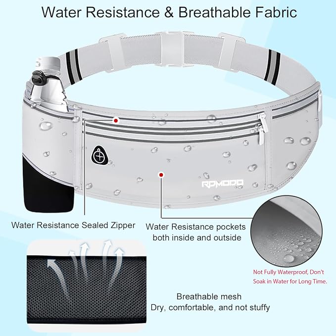Fanny Pack with Water Bottle Holder, Slim Running Hydration Belt for Women Men, Water Resistant Waist Pack for iPhone Samsung, No Bounce 4 Pockets Phone Holder for Running Walking Outdoor（Grey）