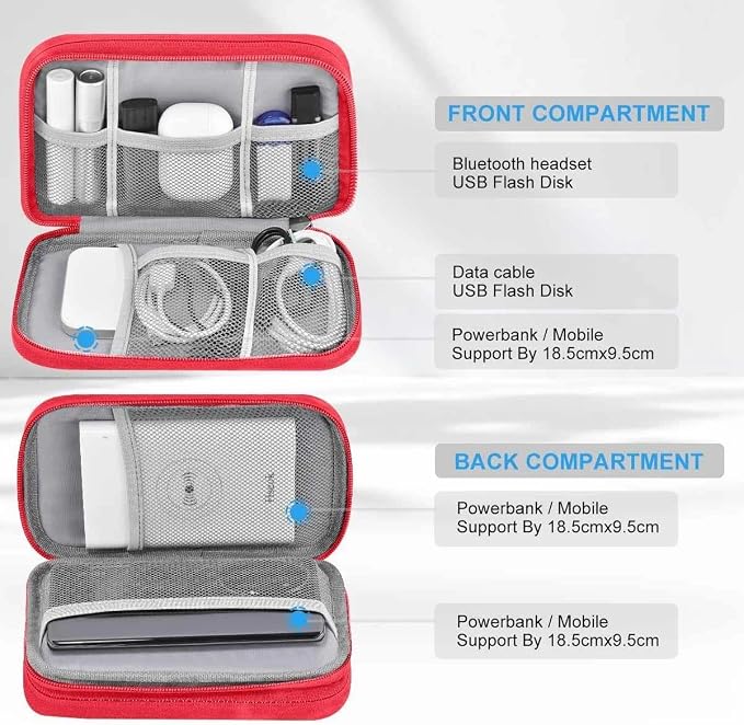 ZINMARK Portable Cable Organizer Case,Travel Pouch with Double-Layer Storage for Cables,Chargers,Earbuds & Phone,Black Red– Small Size
