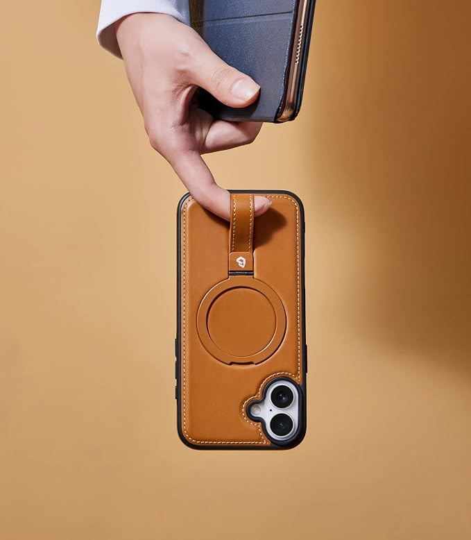for iPhone 17 Leather Case with Stand, Anti-Slip Grip Ring, Fits for MagSafe (Brown, iPhone 17)
