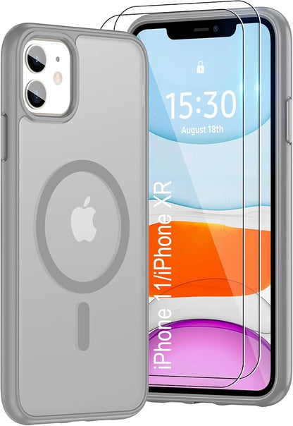 Pilaru for iPhone 11 Case & iPhone XR Case [Compatible with Magsafe] Translucent Matte Magnetic Case with Screen Protector,SlimThin Shockproof Protective Cover for iPhone 11 & iPhone XR-Gray