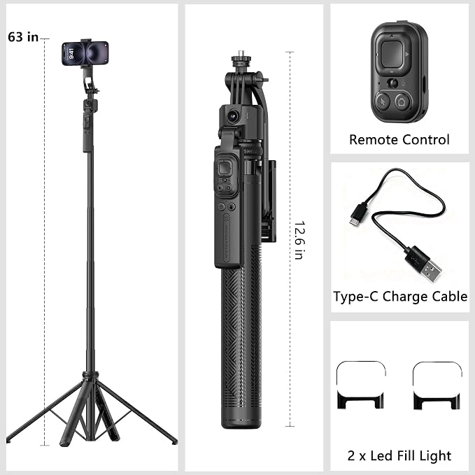 Auto Face Tracking Selfie Stick Tripod for iPhone with Light 360° Rotation That Follows Your Movement 63" Camera Tripod Stand with Remote for Content Creator Vlog Live Stream Video Recording