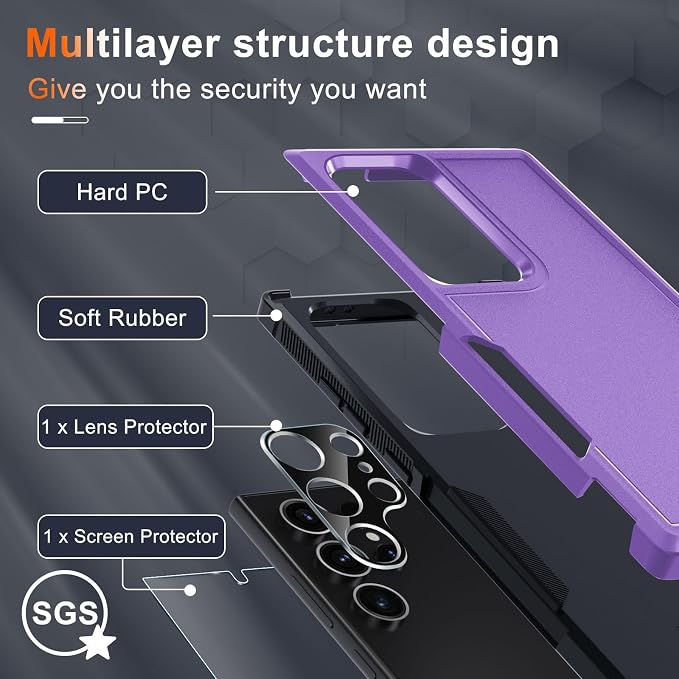 RMOCR Case for Samsung Galaxy S25 Ultra, Full Body Heavy Duty Rugged Shockproof Protective Phone Cover with Lanyard Strap, Tempered Glass Screen Protector and Camera Lens Cover, Lavender