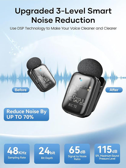 Wireless Lavalier Microphone for iPhone iPad Android with Charging Case,Lapel Mic with Noise Reduction,36H Battery Life, Plug and Play Mini Microphone for Video Recording,YouTube,Vlog,Live Streaming
