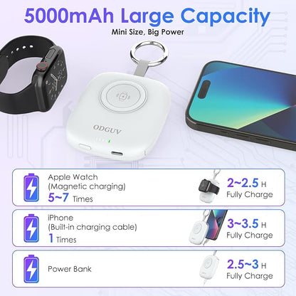 Small Portable Charger 5000mAh,iWatch Wireless Charger Mini Power Bank with Built-in Cable,Travel Keychain Charger for Apple Watch 11/10/9/8/Ultra/7/6/Se/5/4,iPhone 17/16/15/14/13/12,Android Phone