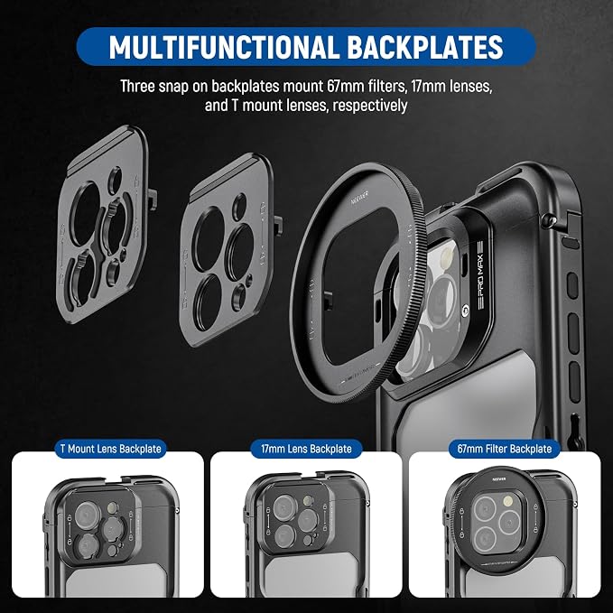 NEEWER 16 Pro Max Cage, Quick Release Video Rig Phone Stabilizer Compatible with iPhone 16 Pro Max with 67mm Filter Adapter, 17mm Lens Backplate, T Mount Lens Adapter Compatible with Moment, PA074