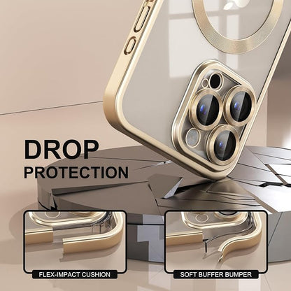 Misea Magnetic for iPhone 15 Pro Max Case [Never Yellowing] [Military Grade Drop Protection] Full Camera Lens Protector Soft Clear Phone Case for Women Girls, Titanium Gold