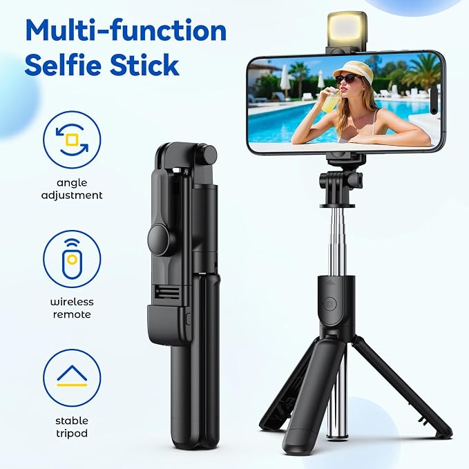 Selfie Stick Tripod with Light, Retractable Selfie Stick Tripod with Wireless Remote Control, for Photograph, Live Streaming, Video Recording, Compatible with 4-7'' Smartphone