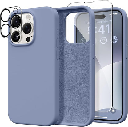 GONEZ for iPhone 15 Pro Max Case Silicone, Compatible with Magsafe, Camera Protector + Screen Protector, Anti-Scratch Microfiber Lining, Liquid Silicone Shockproof Phone Cover, Lavender Gray