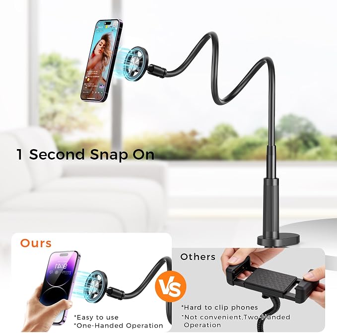 Gooseneck Phone Holder for Bed Laying Dowm, Magnetic Cell Phone Stand for Desk Headboard Bedside, Flexible Long Arm Mount Bracket Compatible with iPhone 17 16 15 14 13 12.