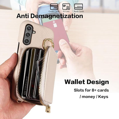 Wallet Case for Samsung Galaxy A54 5G with Shoulder Strap Ring Buckle, Luxury PU Leather Zipper Flip Organ Purse, Card Holder Stand Full Body Phone Cover for A545G A 54 54A 4G G5 SM A546U White