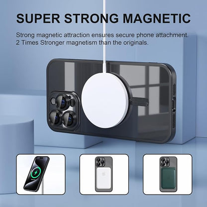 Misea Magnetic for iPhone 15 Pro Max Case [Never Yellowing] [Military Grade Drop Protection] Full Camera Lens Protector Soft Clear Phone Case for Women Girls, Titanium Black