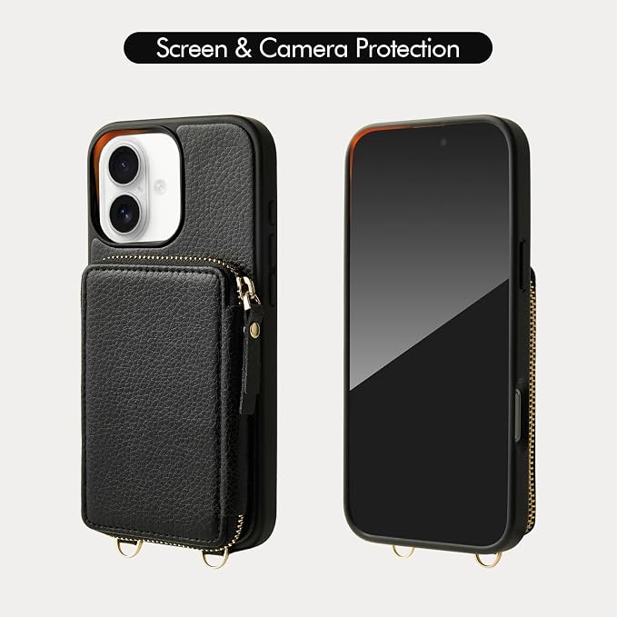 ZVE for iPhone 17 Case Wallet with Crossbody Strap, RFID Blocking Zipper Phone Purse with Card Holder 6.3", Black