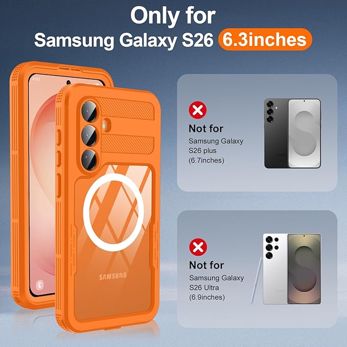 GOLDJU for Samsung Galaxy S26 Case Waterproof, Galaxy S26 Case with Built-in Screen & Lens Protector, Shockproof Full Body Protection Phone Case, Compatible with MagSafe/Wireless Charging, Orange