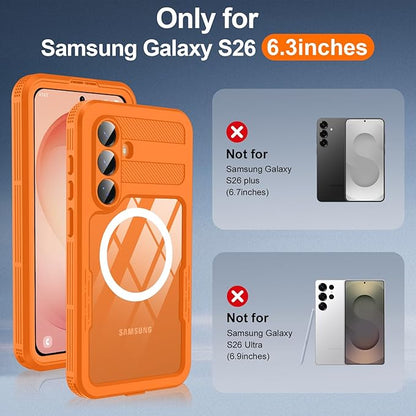 GOLDJU for Samsung Galaxy S26 Case Waterproof, Galaxy S26 Case with Built-in Screen & Lens Protector, Shockproof Full Body Protection Phone Case, Compatible with MagSafe/Wireless Charging, Orange
