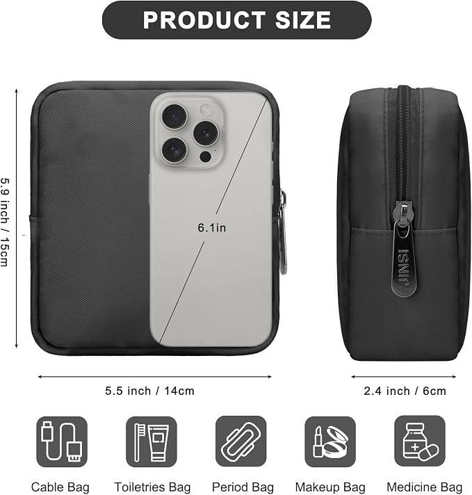 Tech Organizer Pouch, Small Multi-Pocket Electronics Case (Black) | Water-resistant nylon, foam padding, metal zipper, travel cable bag for charger, power bank, earbuds, SD cards and USB cables