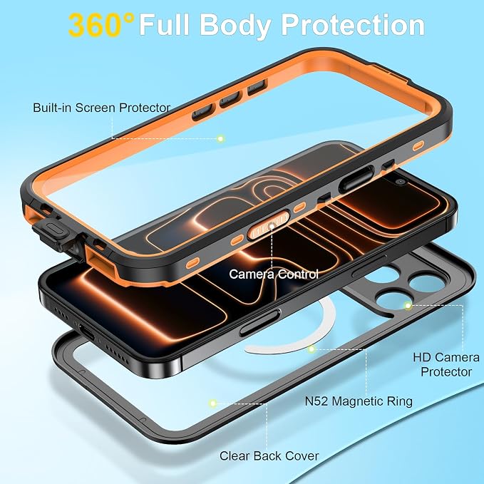 Beasyjoy for iPhone 17 Pro Max Case Waterproof, Built-in Screen Protector & Full Body Protection, Heavy Duty Rugged Military Shockproof Dustproof Case, Compatible with MagSafe, 6.9" Orange