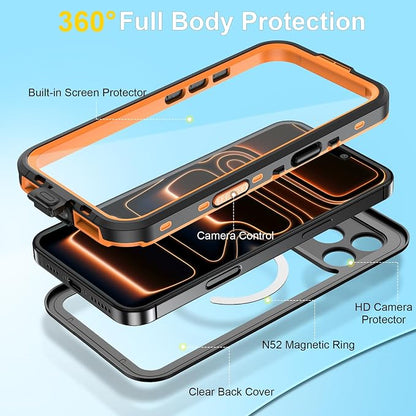 Beasyjoy for iPhone 17 Pro Max Case Waterproof, Built-in Screen Protector & Full Body Protection, Heavy Duty Rugged Military Shockproof Dustproof Case, Compatible with MagSafe, 6.9" Orange