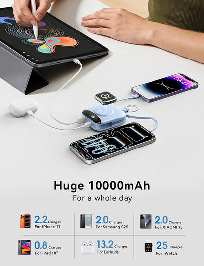 Portable Charger Power Bank, 10000mAh Fast Charging Power Bank with Built-in Cables, Travel Keychain Battery Pack with LED Display for iPhone Samsung Android iPad iWatch Charger 11/10/9/8/Ultra,Blue