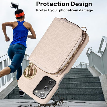Wallet Case for Samsung Galaxy Note 20 5G with Shoulder Strap Ring Buckle, PU Leather Zipper Flip Organ Purse, Card Holder Stand Phone Cover for Note20 Notes 20s Twenty Not S20 Women Men White