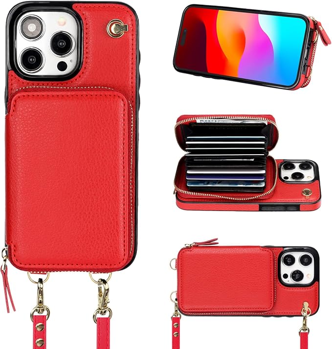 Bocasal Crossbody Wallet Case for iPhone 15 Pro Max, RFID Blocking Leather Purse Case with Card Holder, Protective Handbag Flip Cover with Zipper Wrist Strap Lanyard for Women 5G 6.7 Inch (Red)