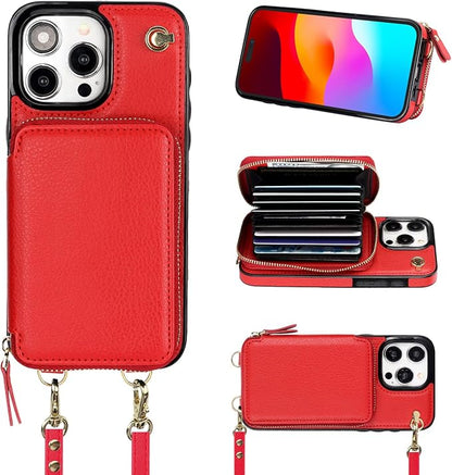 Bocasal Crossbody Wallet Case for iPhone 15 Pro Max, RFID Blocking Leather Purse Case with Card Holder, Protective Handbag Flip Cover with Zipper Wrist Strap Lanyard for Women 5G 6.7 Inch (Red)