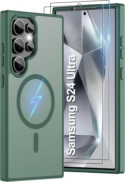 For Samsung Galaxy S24 Ultra Case [Compatible with Magsafe] Translucent Matte Magnetic Phone Case,Slim Thin Duty Shockproof Protection Cover with 2pc Screen Protector Case for S 24 Ultra-Dark green