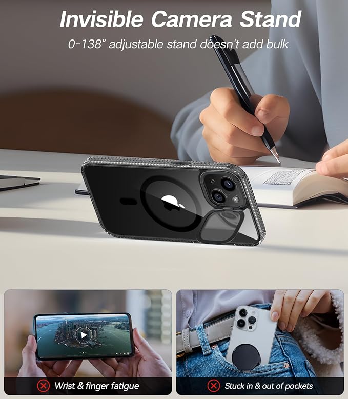 [Upgraded] for iPhone 15 Case with Camera Cover Stand [Fit for MagSafe][9H Camera Lens Protector] Mil-Grade Protection Transparent Magnetic iPhone 15 Phone Case, Clear Black