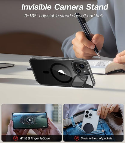[Upgraded] for iPhone 15 Case with Camera Cover Stand [Fit for MagSafe][9H Camera Lens Protector] Mil-Grade Protection Transparent Magnetic iPhone 15 Phone Case, Clear Black