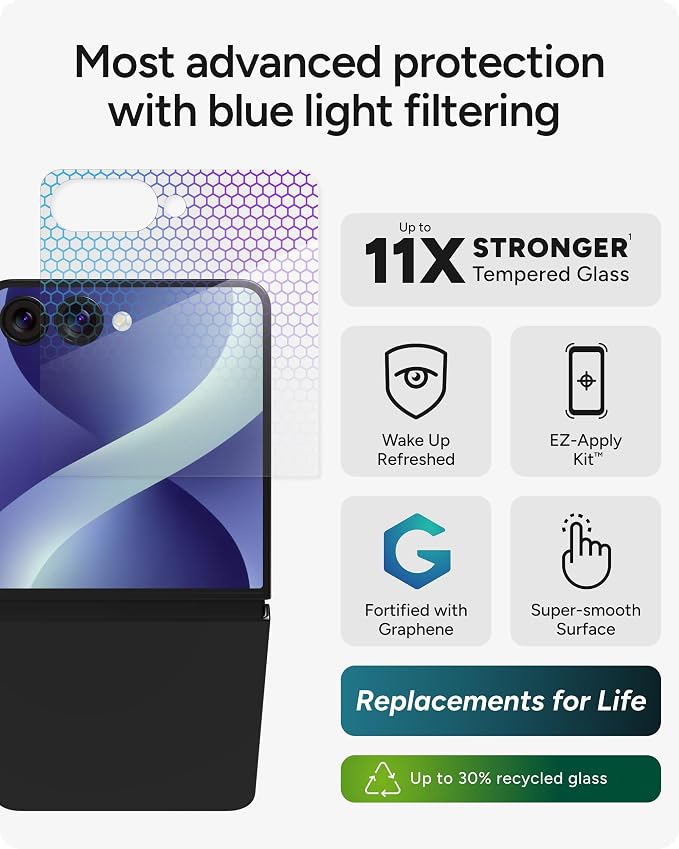 ZAGG Glass XTR5 Samsung Galaxy Z Flip8 Screen Protector | Front Screen, 11x Stronger Graphene-Infused Tempered Glass, Blue Light Filter, Anti-Reflective, InvisibleShield, Easy Install