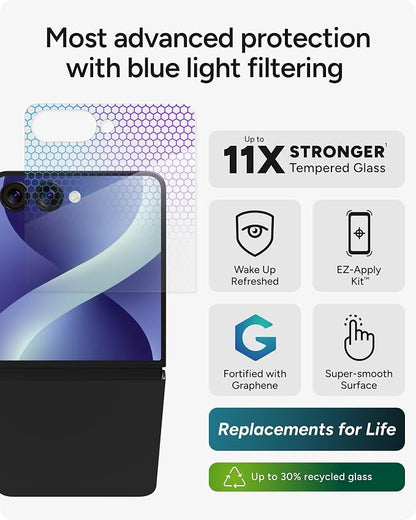 ZAGG Glass XTR5 Samsung Galaxy Z Flip8 Screen Protector | Front Screen, 11x Stronger Graphene-Infused Tempered Glass, Blue Light Filter, Anti-Reflective, InvisibleShield, Easy Install