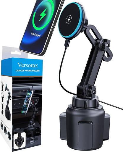 Magnetic Cup Phone Holder Car Wireless Charger for MagSafe, 15W Fast Charging Car Mount Stand for iPhone 16 Pro Max/15/14/13/12, Cupholder Expander, LED Light Ring, Strong N52 Magnets