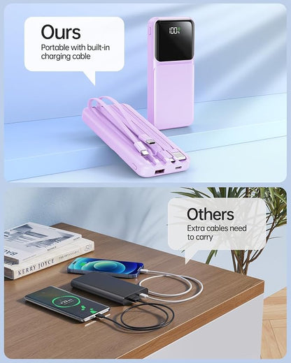 RONEGN Portable Charger with Built in Cable - 22.5W Power Bank Fast Charging USB C LED Display 10000mAh Travel Battery Pack 5 Outputs & 3 Inputs for iPhone Samsung Android iPad Phones Tablets etc