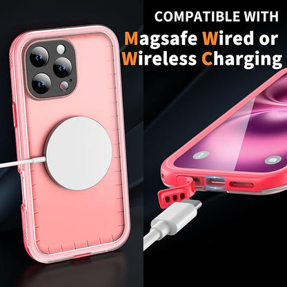 Cozycase for iPhone 16 Pro Case Waterproof - 360 Heavy Duty with Screen/Camera Protector Shockproof IP68 Underwater Dustproof Water Dust Shock Proof Full Body/Front and Back Case Pink/Frosted Clear