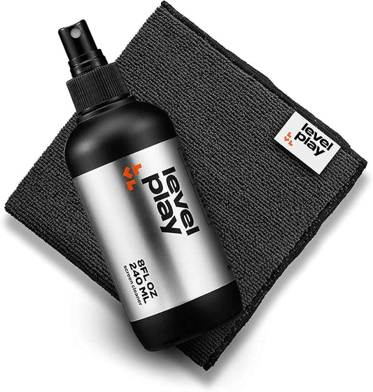 Levelplay Screen Cleaner Kit – Fingerprint-Resistant Touchscreen, Monitor & Lens Cleaner, Alcohol- and Ammonia-Free, Washable Microfiber Wipe (Large), 240 mL (8.1 fl oz) Spray Bottle