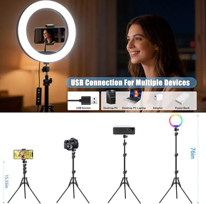 𝗡𝗲𝘄𝗲𝘀𝘁 13" Selfie Ring Light with 63" Stand and 3 Phone Holder, 53 Lighting Modes, iPad Holder, Remote, Desk Tripod, RGB Ringlight for iPhone. Vlogging Circle Led Halo Light Photo Video Kit