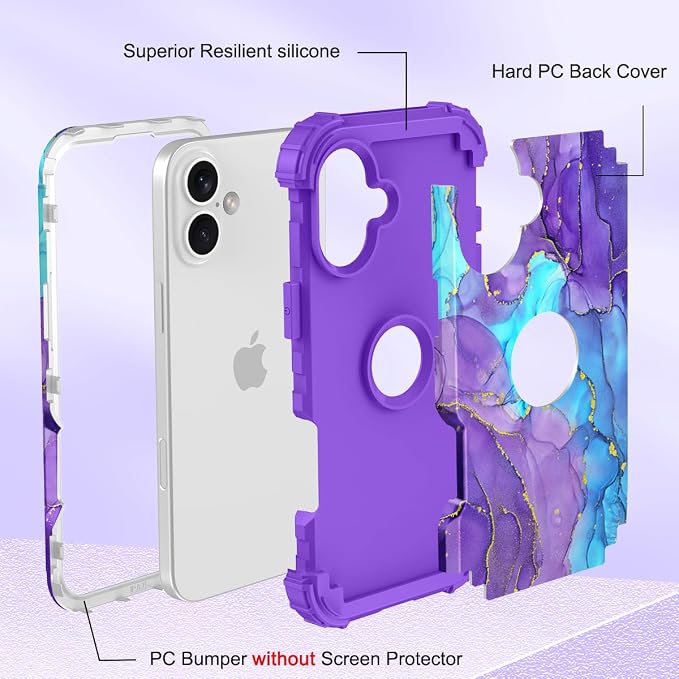 Hocase for iPhone 16 Plus Case 6.7", Heavy Duty Shockproof Protection Soft Silicone Rubber+Hard Plastic Bumpers Hybrid Protective Case for iPhone 16 Plus 2024 - When Purple Meets Blue