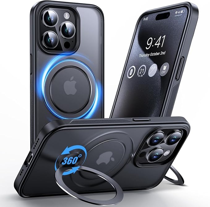 Anqrp 360° All-in-ONE Stand Case for iPhone 15 Pro with Rotatable Magnetic Kickstand Ring Holder, Compatible with MagSafe, MIL-Grade Shockproof iPhone 15 Pro Phone Case Cover 6.1" Black